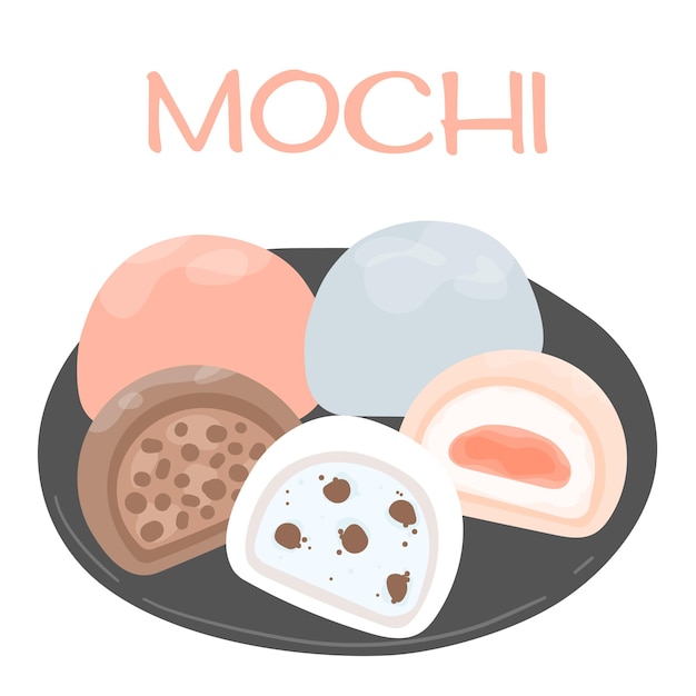 Traditional japanese daifuku mochi dessert rice fruit dessert on wood plates asian sweet food