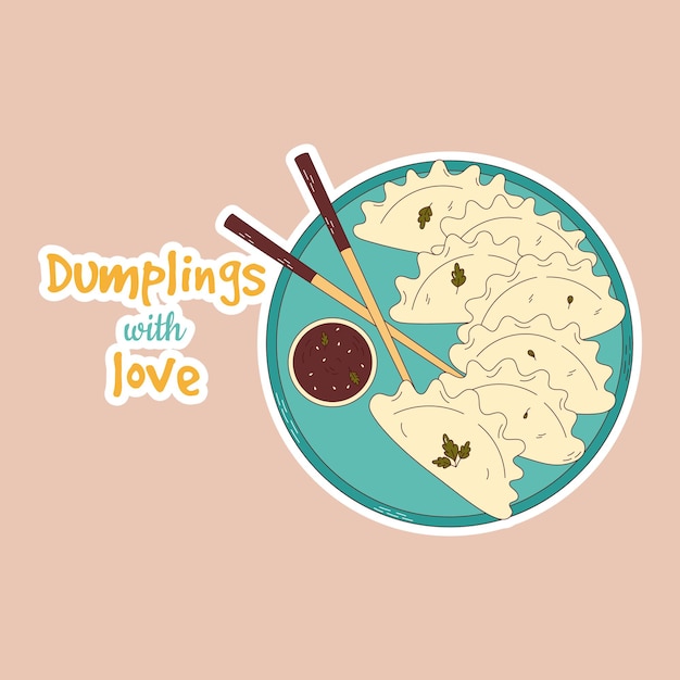 Traditional Japanese food Asian dumplings stickers Vector illistration