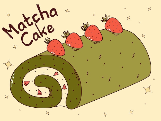 Traditional Japanese food Asian Matcha cake roll with strawberry Vector illistration