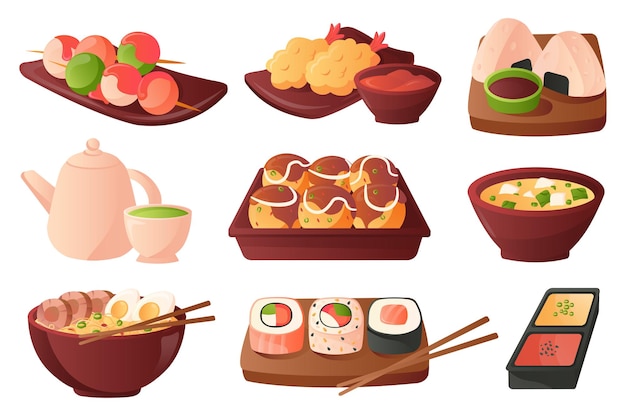 Traditional Japanese Food set concept in the flat cartoon style Images of dishes of Japanese cuisine