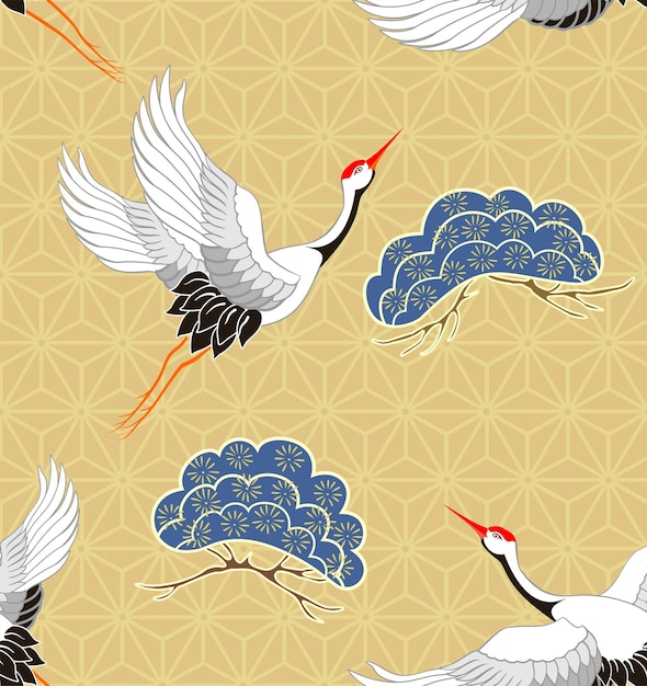 Vector traditional japanese style pattern,flying red-crowned crane,pine