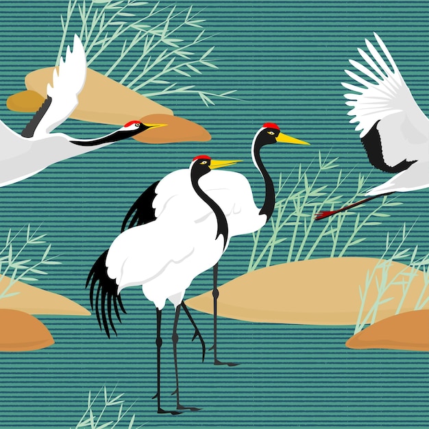 Vector traditional japanese style pattern,flying and standing red-crowned crane,reed and stone