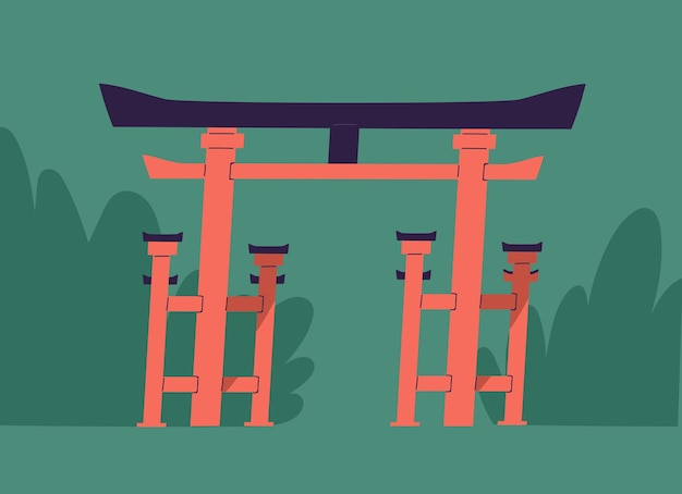 鳥居または鳥居と呼ばれる屋根と柱を持つ伝統的な日本の象徴的な門。日本の儀式宗教建築。色付きのフラットのベクター イラストです。