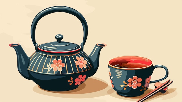 traditional japanese tea set illustration with teapot and cup