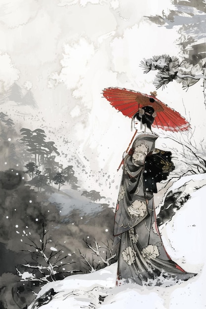 Вектор Традиционная японская женщина с красным зонтиком стоит в снежном пейзаже