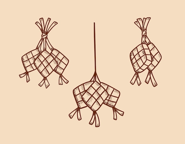 Traditional ketupat hand drawing sketch style illustration graphic element set