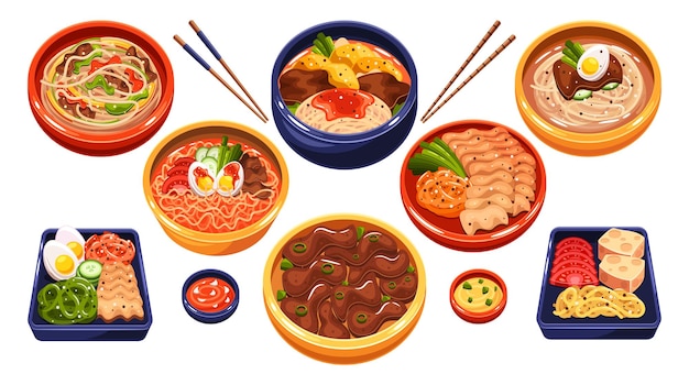 伝統的な韓国料理の食事には,ヌードル,米,材料が含まれています.
