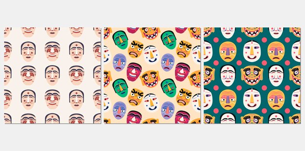 Traditional korean mask seamless pattern set