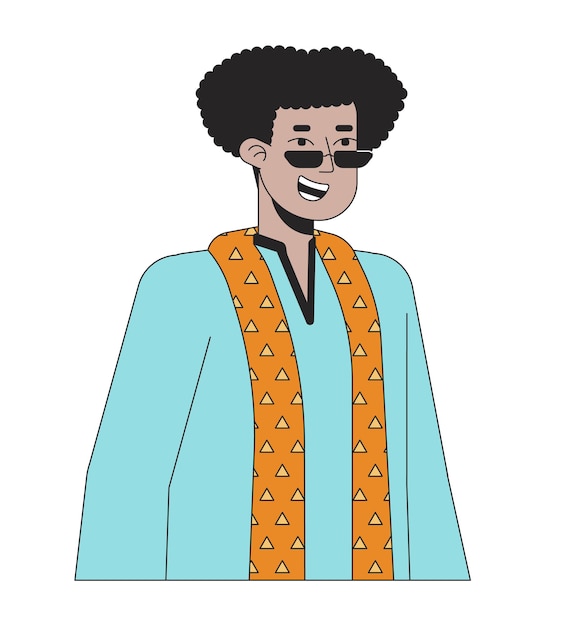 Vettore tradizionale kurta uomo ispanico occhiali da sole personaggio di cartone animato lineare 2d.