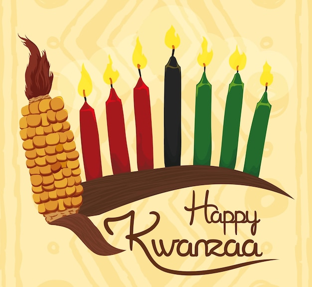 Traditional kwanzaa elements with corn candles and happy holiday message