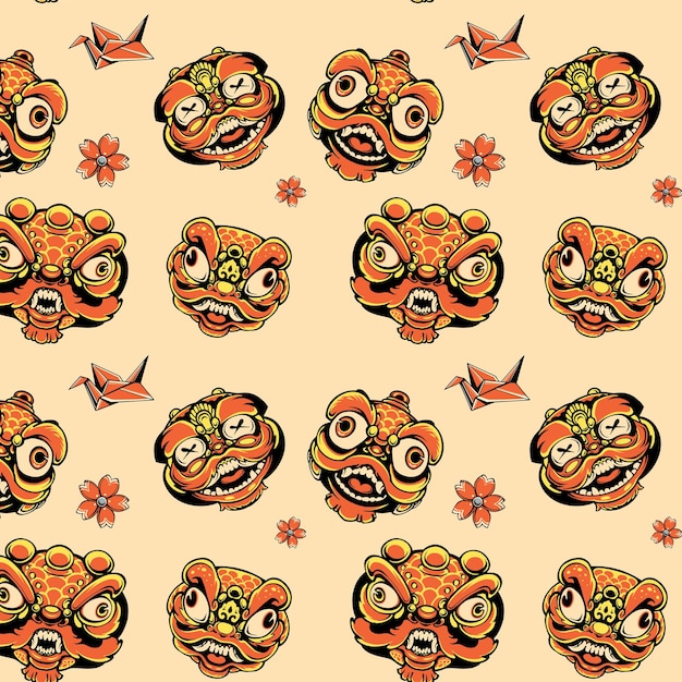 traditional lion dance mask seamless pattern vector