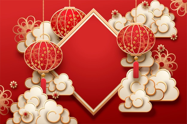 Vector traditional lunar year background with hanging lanterns