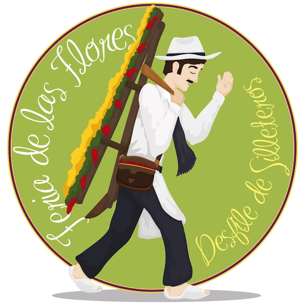 Traditional male silletero on button for Colombian Festival of the Flowers written in Spanish