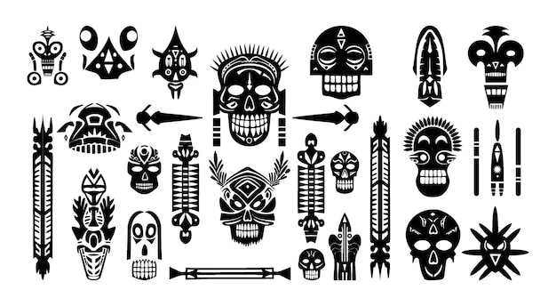 Vector traditional masks with human faces set tribal symbol in black and white folk art