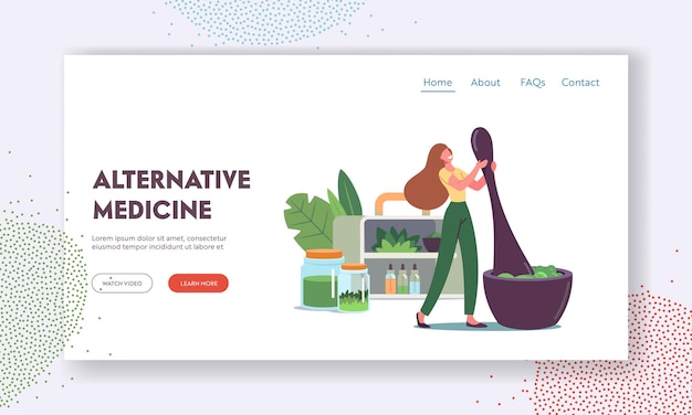 Vector traditional medicine landing page template. tiny female character grind plants and natural ingredients in huge mortar for making ayurvedic remedy, herbs or plants on shelf. cartoon vector illustration