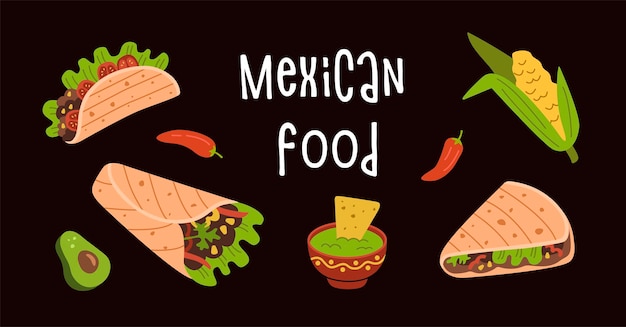 traditional mexican cuisine food set national mexico dish with meat hot pepper avocado spices tacos burritos