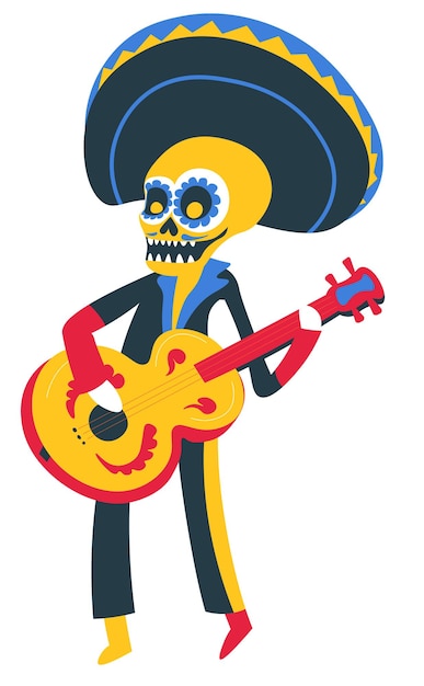 Tradizionale giorno festivo messicano dei morti, musicista con la chitarra. personaggio maschile che indossa il costume di scheletro con strumento musicale in cappello sombrero e trucco. vettore in stile piatto