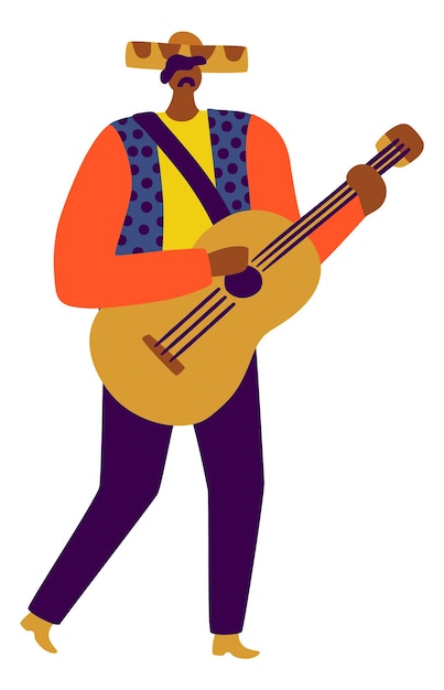 Vettore musicista messicano tradizionale uomo che suona la chitarra in sombrero