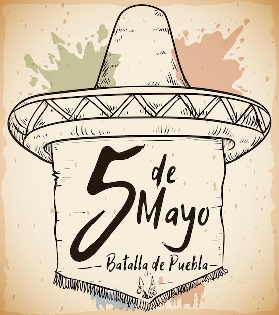 Vector traditional mexican straw hat and pennant for cinco de mayo battle of puebla in hand drawn style