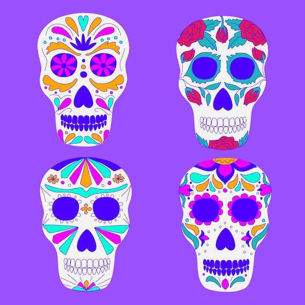 Traditional mexican sugar skulls vector illustration day of the dead symbol set of hand drawn decorated skulls