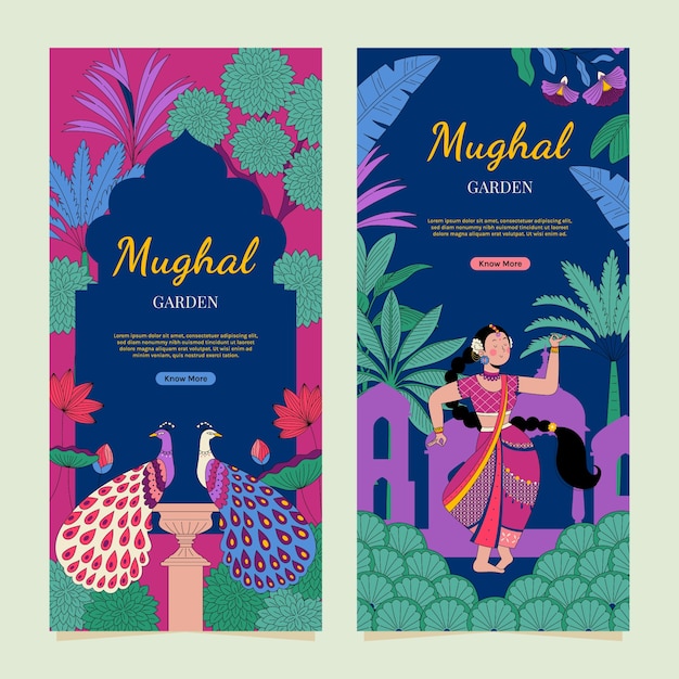 Vector traditional mughal garden hand drawn banner set