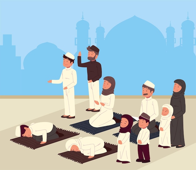 Vector traditional muslim people praying cartoon