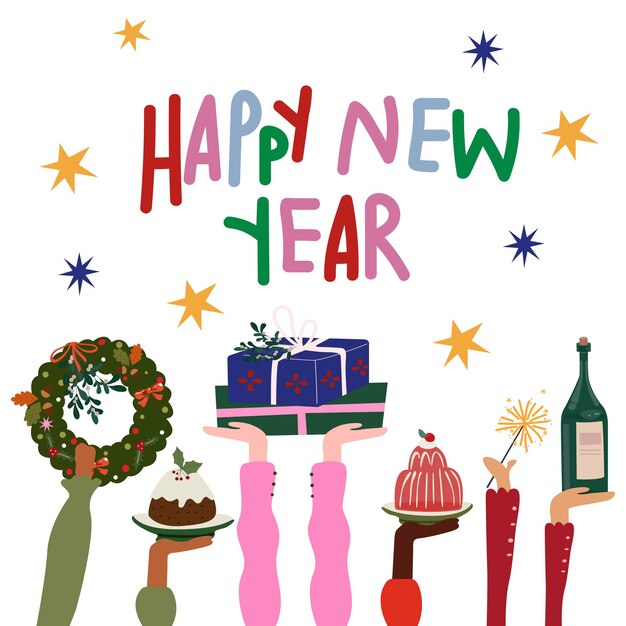 Vector traditional new years food vector flat human hands holding christmas gift holiday wreath sparkler