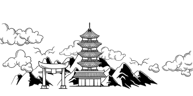 Вектор Традиционный восточный японский строительный пейзаж вектор, нарисованный вручную черно-белым с воротами тории и горами эскизный рисунок иллюстрации