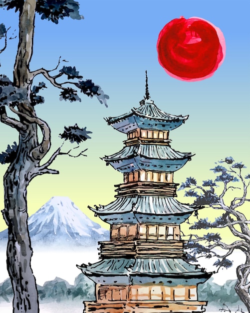 Vector traditional oriental japanese buildings and mount fuji.