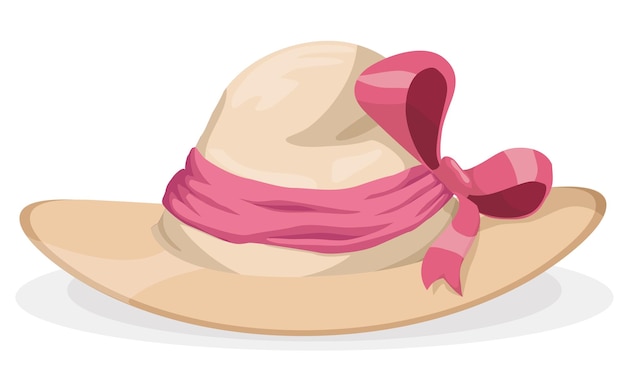 Vector traditional retro hat for a elegant lady with a pink ribbon and bow isolated