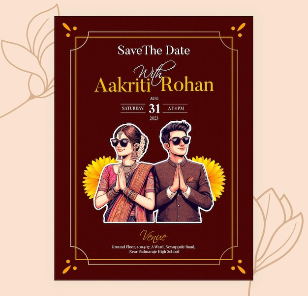 Vector traditional royal wedding invitation card design with bride and groom welcoming illustration