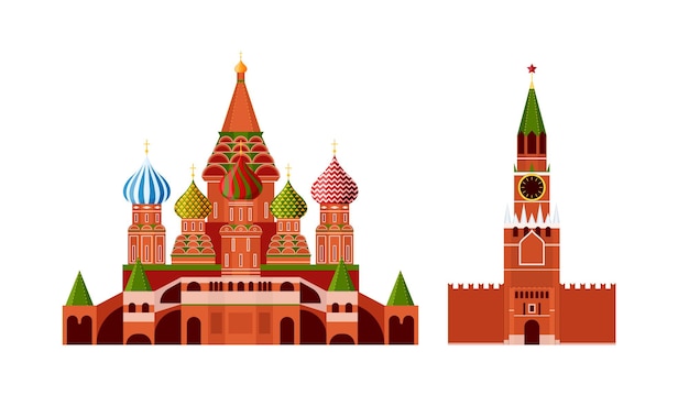 Traditional Russian architecture Russian culture landmarks and symbols Architectural building Kremlin and St Basil's Cathedral Moscow monuments Travel vacation in Russia Vector illustration