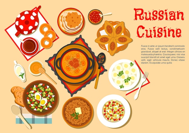 Traditional russian lunch with popular main dishes and desserts flat cabbage soup shchi and meat pies, cold soup okroshka and potato knishes, buckwheat porridge and olivier salad