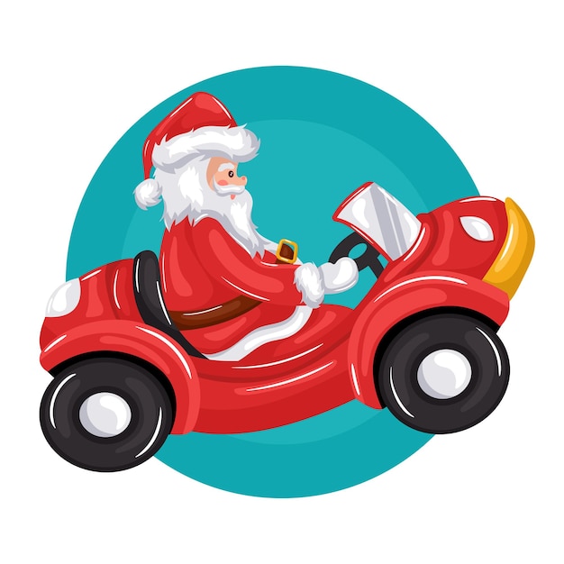 Traditional santa claus with christmas hat driving a car