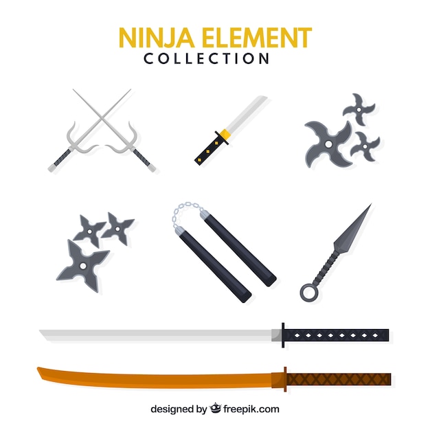 Traditional set of ninja elements with flat design