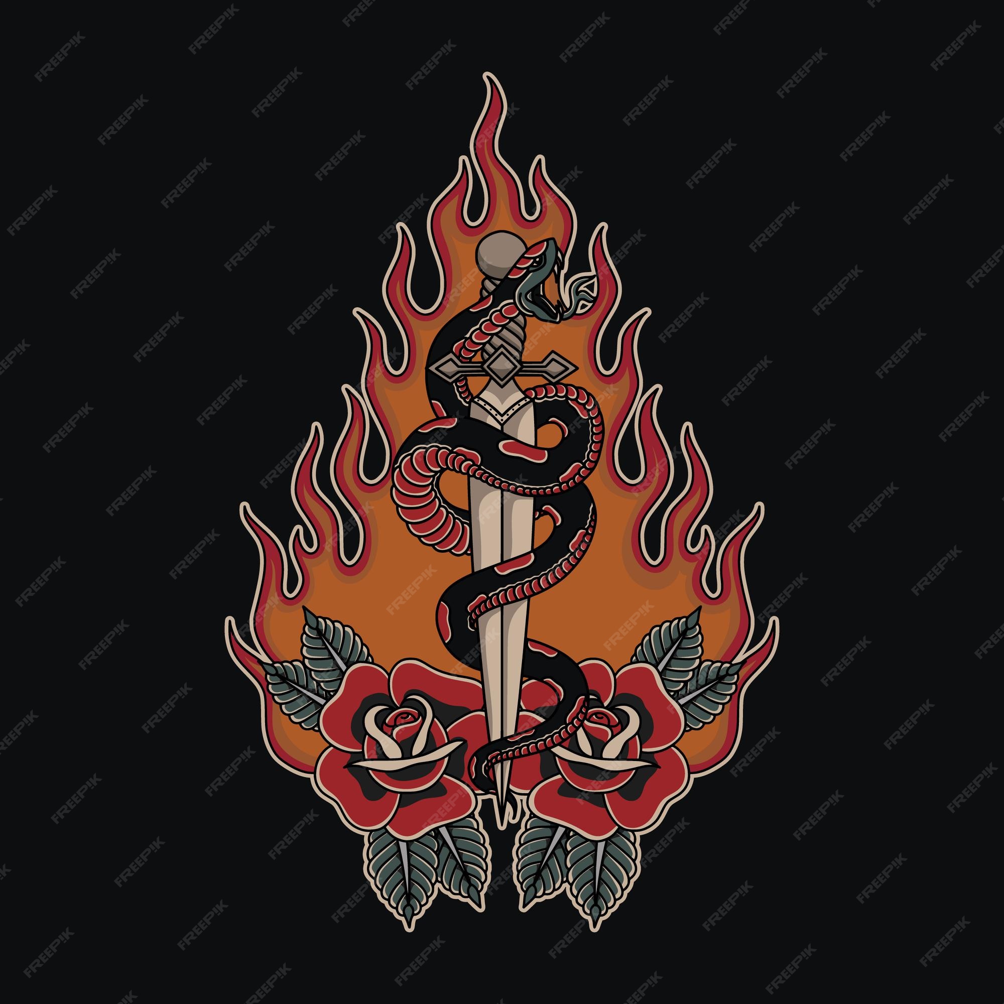 Premium Vector | Traditional snake tattoo wrapped around a sword with blazing fire Premium Vector | Traditional snake tattoo wrapped around a sword with blazing fire