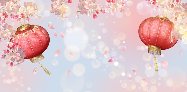 花びらと絹のランタンが飛んでいる伝統的な春祭りの背景。中国の旧正月の背景