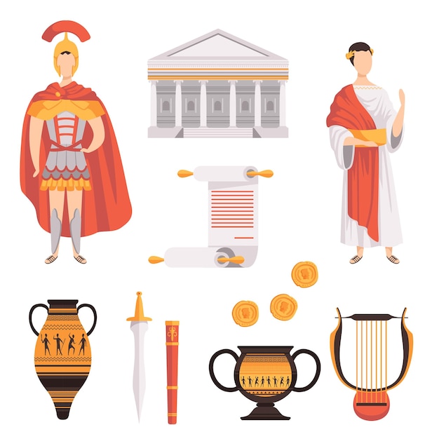 Вектор Традиционные символы древней римской империи установлены векторными иллюстрациями, выделенными на белом фоне