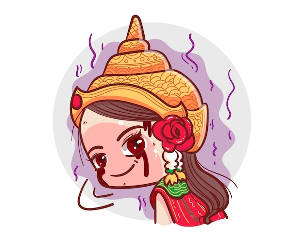 Vector traditional thai dress ghost looking and smile  on white background with scary halloween concept.