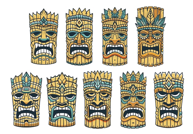 Vector traditional tribal polynesian tiki mask set representing the vibrant and exotic hawaiian culture