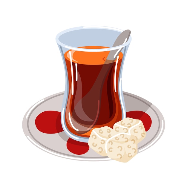 Traditional turkish tea in a tulip glass with a spoon and sugar cubes on a decorative plate in