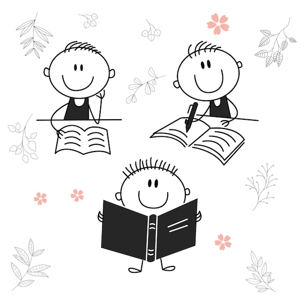 Traditional vector illustration of a child with a big smile child character reading a book