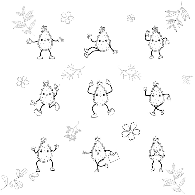 Vector traditional vector illustrationcute dragon fruit doodle set can be used for coloring book