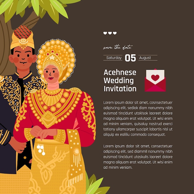 Вектор Традиционное свадебное платье ачехский дизайн макета иллюстрации для приглашения в плоском стиле