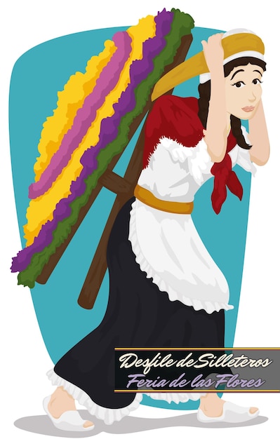 Вектор Традиционная женщина с silleta для колумбийского фестиваля цветов, написанная на испанском языке