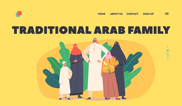 Traditioneel Arabisch familielandingspaginasjabloon Ouders en kinderen Karakters Saoedische mensen dragen nationale kleding
