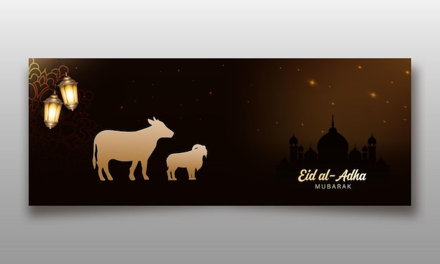 Vector traditioneel islamitisch eid al adha mubarak donker bannerontwerp