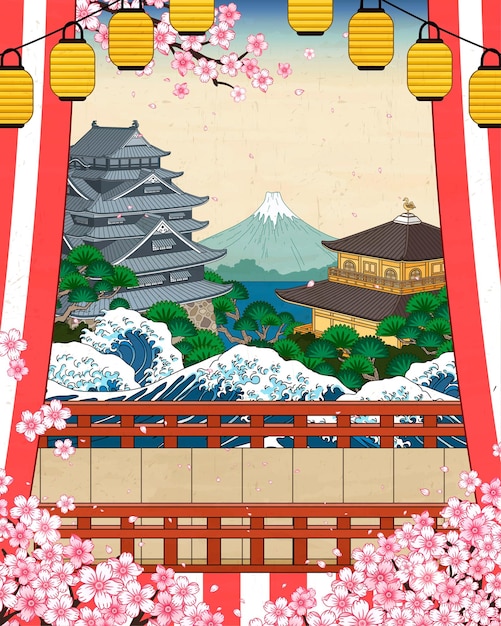 Vector traditioneel japans historisch landschap met kersenbloesems in ukiyo-e-stijl