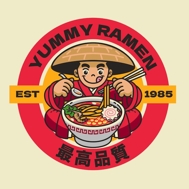 Vector traditioneel japans stripfiguur van ramen noodle-logo met japanse tekst betekent beste kwaliteit