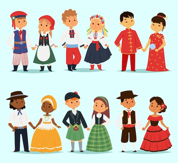 Vector traditioneel kinderparenkarakter van wereldkleding voor meisjes en jongens in verschillende nationale kostuums en ...